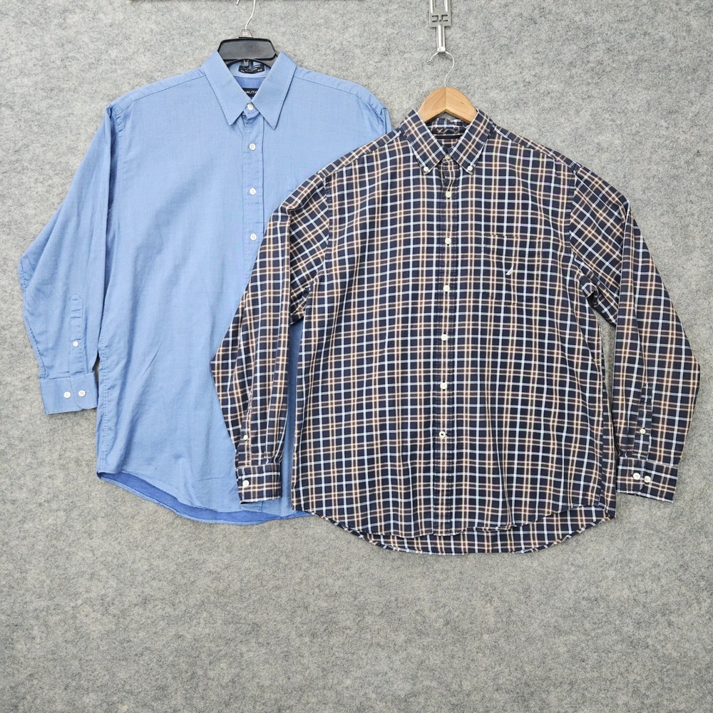 Nautica Pair of Men's Blue Brown Button Down Shirts Size L 16 1/2 Cotton SPOT